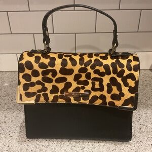 Dune London Leopard Print/ Black Leather Medium Handbag with Brass Accents